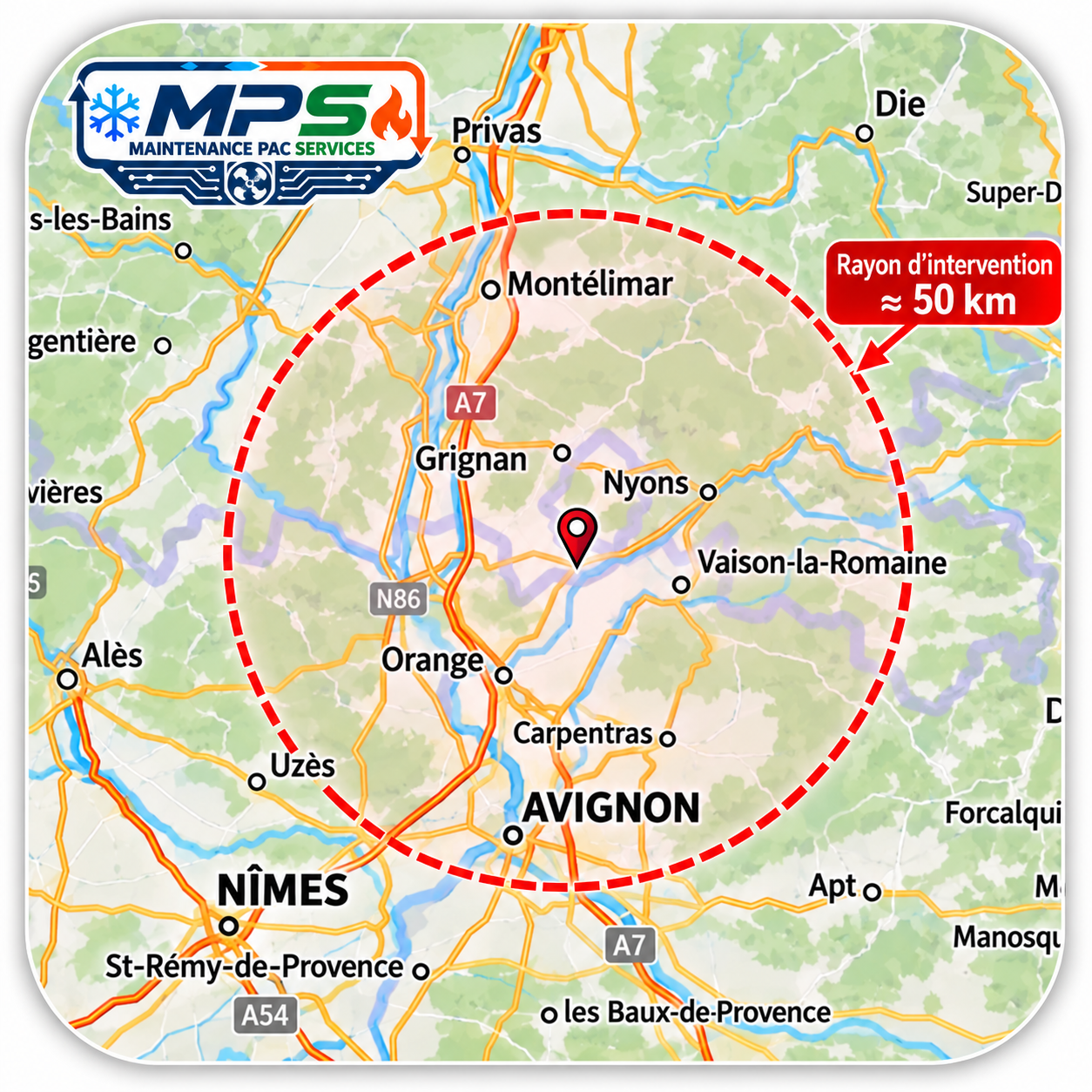 Zone d’intervention MPS — Drôme, Vaucluse, Gard et Ardèche, carte satellite avec limites départementales et rayon d’intervention d’environ 50 km